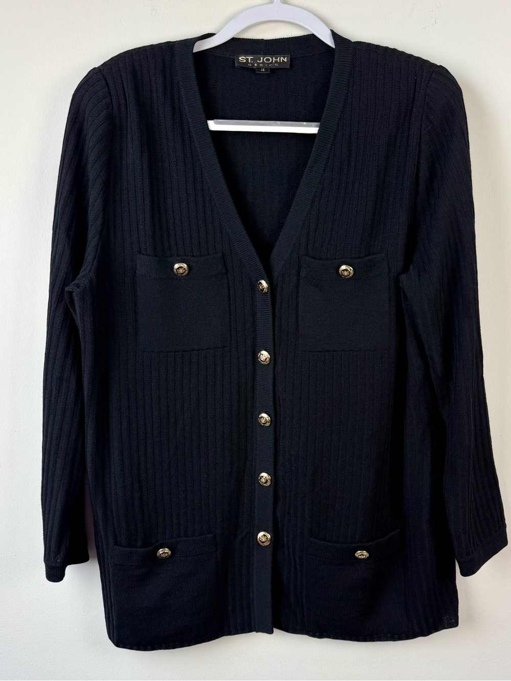 St. John Open Front Knit Cardigan Ribbed Vintage Black With Gold Buttons